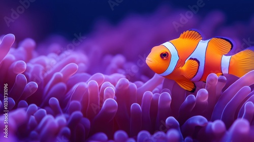 Clownfish swimming among vibrant purple sea anemones in a colorful underwater scene.