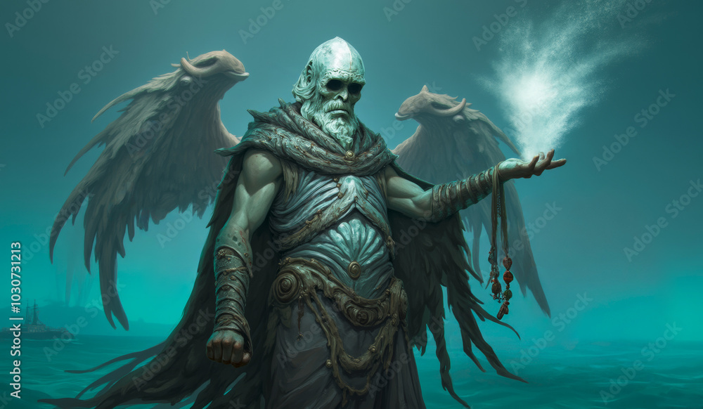 Fototapeta premium a man with a beard and wings is holding a broom and a feather.