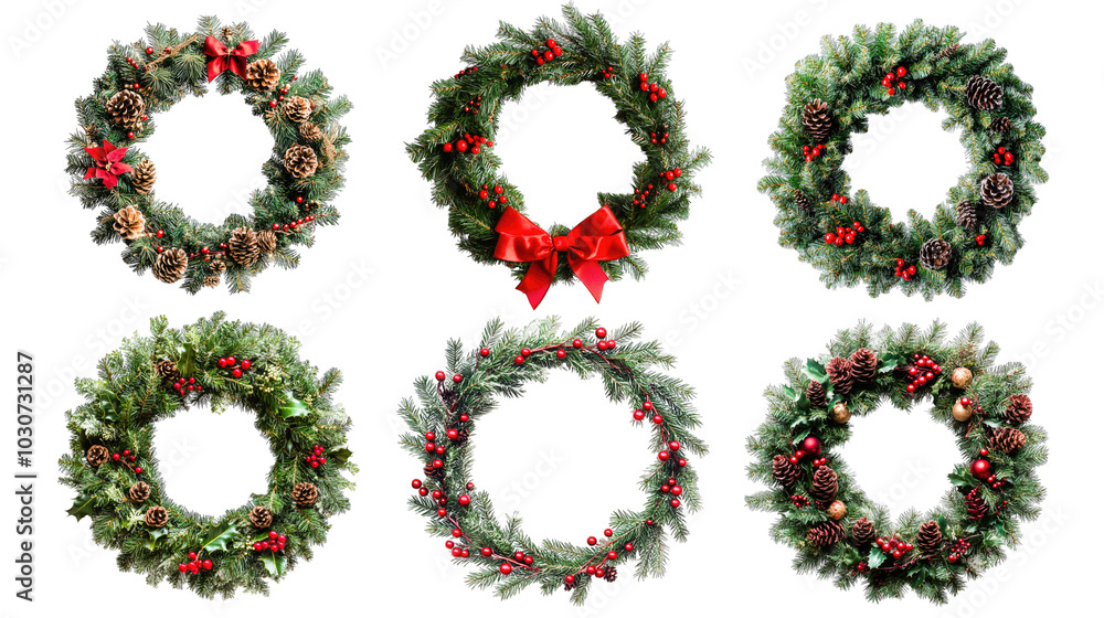 Set of Christmas wreaths isolated over a white or transparent background. Christmas decoration concept Set of Christmas wreaths isolated over a white or transparent background. Christmas decoration concept