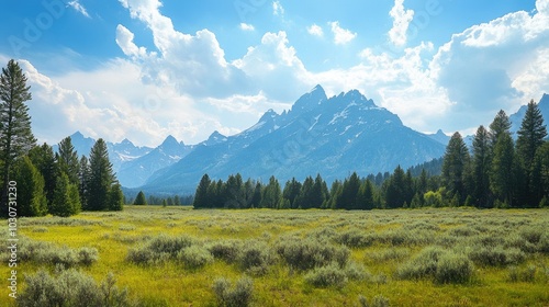 Grand Teton mountains with a vast open sky and plenty of room for text