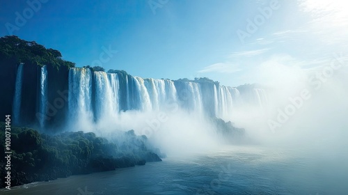 Iguazu Falls, water cascading down, with space for text in the misty background