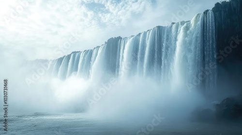 Iguazu Falls, water cascading down, with space for text in the misty background