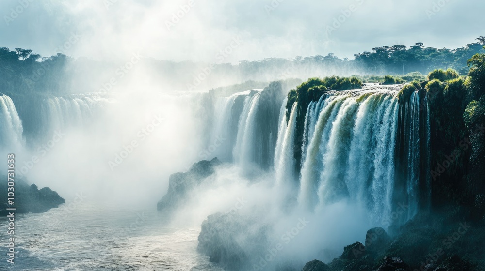 Iguazu Falls, water cascading down, with space for text in the misty background Iguazu Falls, water cascading down, with space for text in the misty background