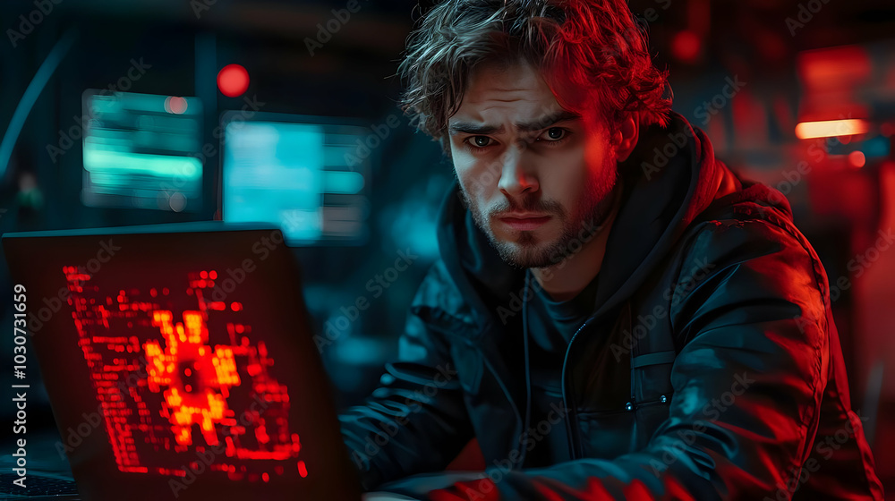 A focused individual working on a laptop in a dimly lit space. A focused individual working on a laptop in a dimly lit space.