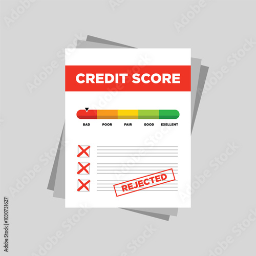 Rejected credit score gauge speedometer indicator with color levels on paper sheets vector illustration design