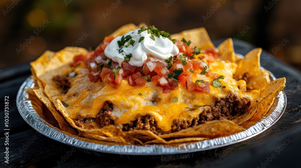 Enjoy a plate of loaded nachos topped with cheese, beef, and fresh ingredients. Perfect for sharing at outdoor gatherings or casual meals. Enjoy a plate of loaded nachos topped with cheese, beef, and fresh ingredients. Perfect for sharing at outdoor gatherings or casual meals.