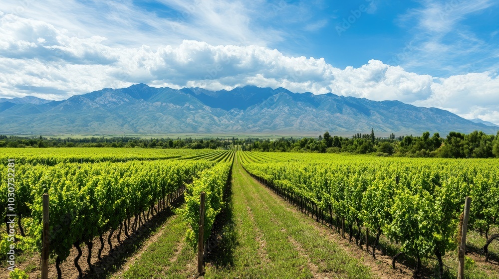 Lush vineyards in Mendoza, Argentina, with ample space for copy in the sky Lush vineyards in Mendoza, Argentina, with ample space for copy in the sky