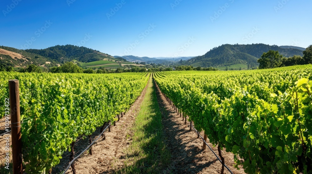Lush vineyards of Napa Valley with a clear sky and space for text or design Lush vineyards of Napa Valley with a clear sky and space for text or design