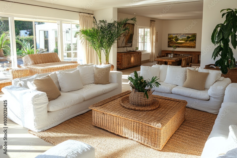 Interior of light living room with sofas, rattan table and soft carpet - generative ai Interior of light living room with sofas, rattan table and soft carpet - generative ai