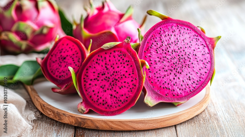 When a dragon fruit is split in half, its insides are speckled and have a vivid pink skin. It's on a wooden board with a white plate on it. When a dragon fruit is split in half, its insides are speckled and have a vivid pink skin. It's on a wooden board with a white plate on it.