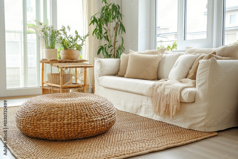 Interior of light living room with sofas, rattan table and soft carpet - generative ai Interior of light living room with sofas, rattan table and soft carpet - generative ai