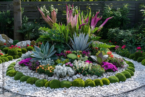 Circular flower bed with vibrant flowers, grasses, and shrubs, white pebbles, and a cactus-like ornamental plant in modern garden design.