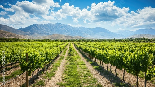 Lush vineyards in Mendoza, Argentina, with ample space for copy in the sky