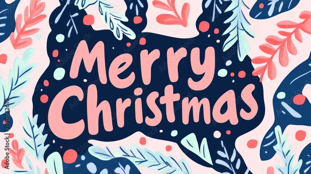 Fototapeta premium Celebrate the Season with Joy: Vibrant Merry Christmas Design Surrounded by Lively Leaves and Colorful Dots for Holiday Cheer.