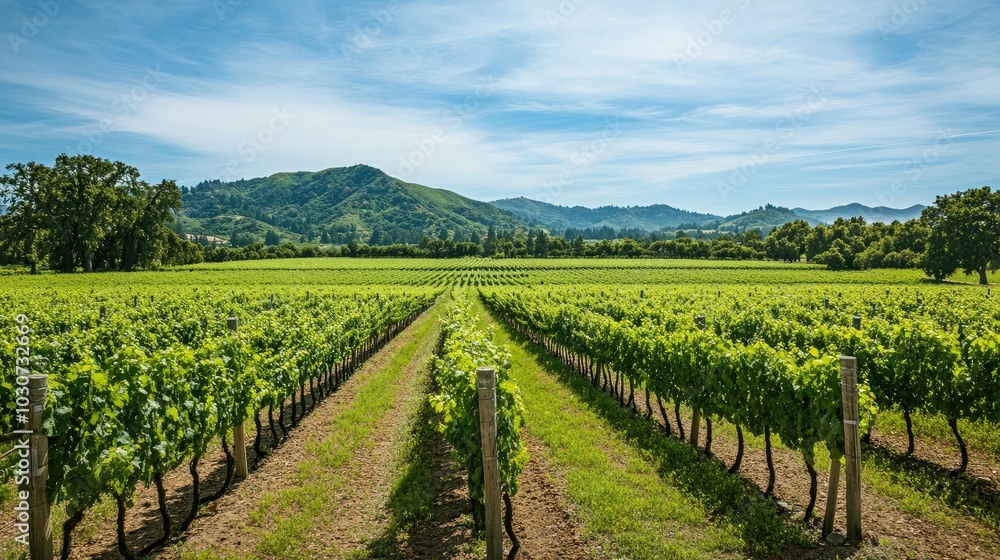 Lush vineyards of Napa Valley with a clear sky and space for text or design Lush vineyards of Napa Valley with a clear sky and space for text or design
