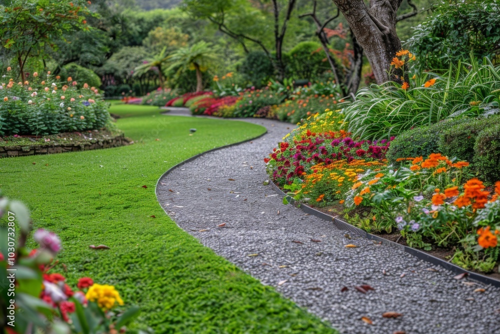 Obraz premium Colorful flower beds and lush green grass in an English garden with winding paths, surrounded by trees and vibrant flowers, creating a picturesque landscape.