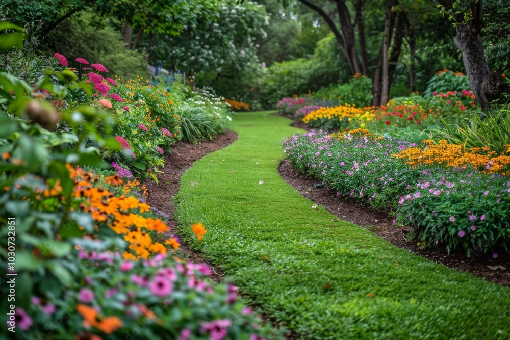 Obraz premium Colorful flower beds and lush green grass in an English garden with winding paths, surrounded by trees and vibrant flowers, creating a picturesque landscape.