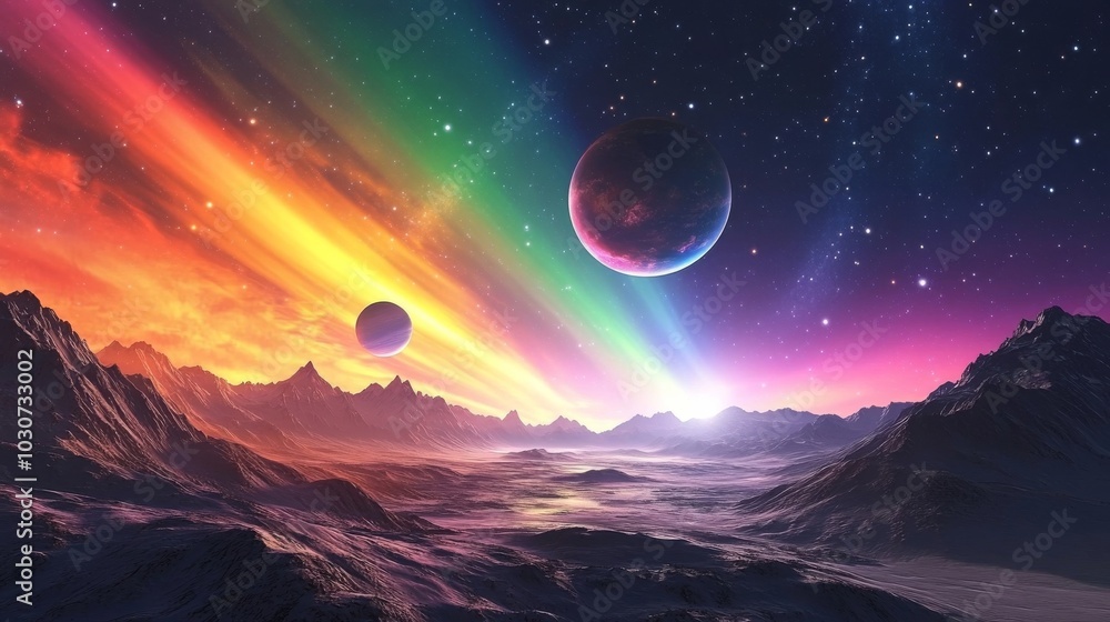 Alien Planet Landscape with Rainbow Aurora. Alien Planet Landscape with Rainbow Aurora.