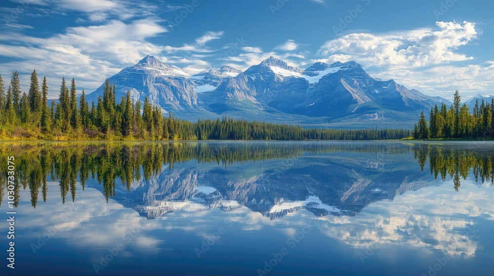 Majestic view of the Canadian Rockies reflected in a calm lake, with ample space for copy Majestic view of the Canadian Rockies reflected in a calm lake, with ample space for copy