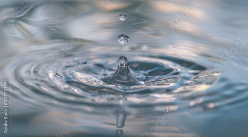 Water droplet falling into water, creating beautiful ripples and waves on a light blue background,