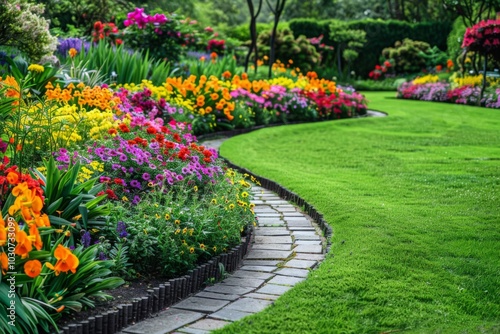 Colorful flower beds and lush green grass in an English garden with winding paths and a wide stone path on a summer day.