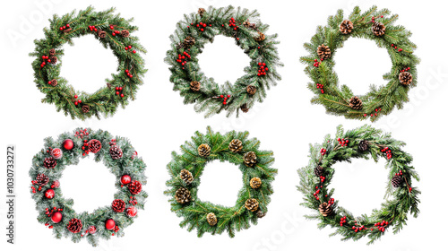 Set of Christmas wreaths isolated over a white or transparent background. Christmas decoration concept