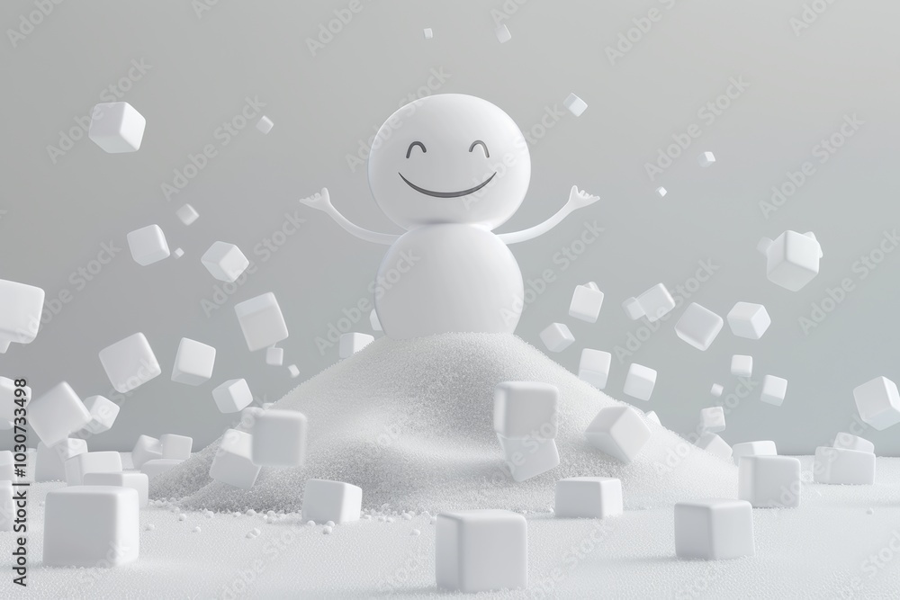 Obraz premium Smiling character on sugar hill with floating cubes