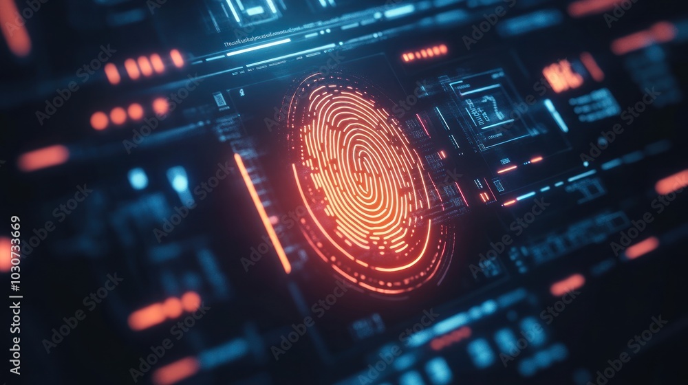 Obraz premium A digital fingerprint scanner interface with a futuristic design, symbolizing advanced security technology in biometric identification systems with a neon-blue and red color scheme.
