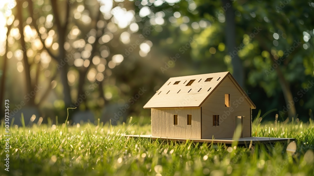 A charming wooden model house set on lush green grass, bathed in warm summer sunlight. Ideal for showcasing creativity and craftsmanship in outdoor settings. A charming wooden model house set on lush green grass, bathed in warm summer sunlight. Ideal for showcasing creativity and craftsmanship in outdoor settings.