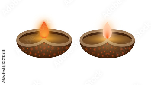 Set of 2 diwali clay oil lamps with different shaded burning flames