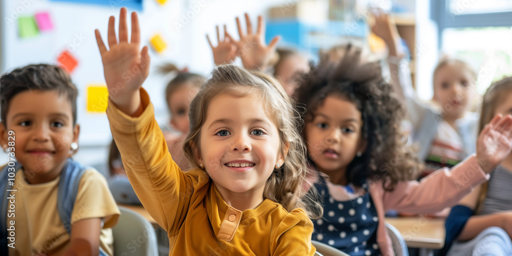 Fototapeta premium A group of happy children sitting at desks in an elementary school classroom, raising their hands and rushing for the teacher's attention.