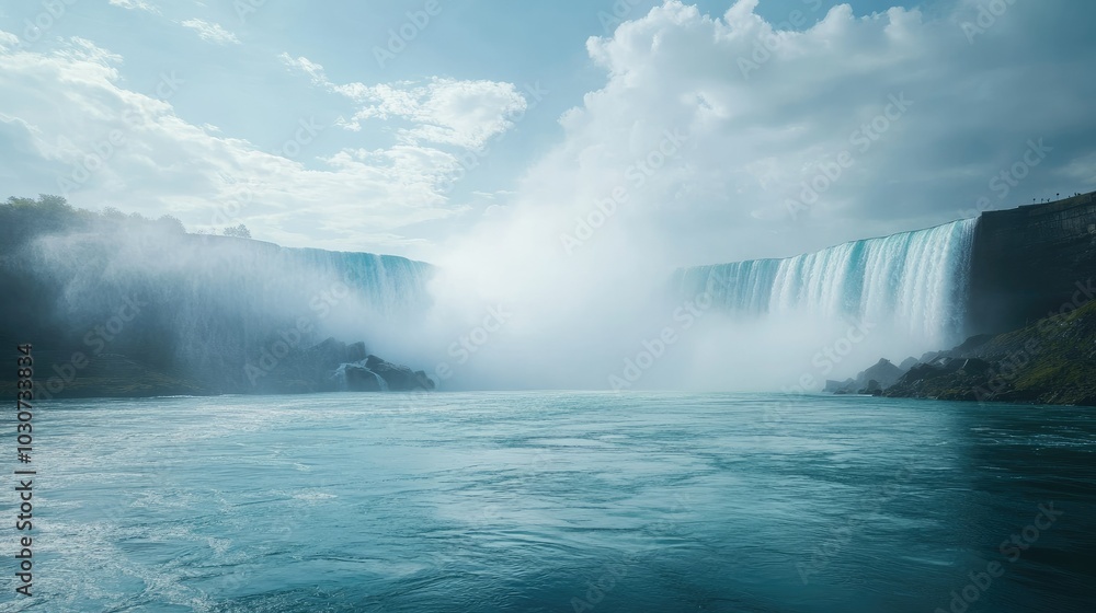 Fototapeta premium Niagara Falls from the American side, mist rising with plenty of space for text