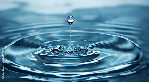 Water droplet falling into water, creating beautiful ripples and waves on a light blue background,