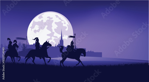 group of medieval knight guards riding horses in the field with castle city silhouette in the background - vector fantasy middle ages night scene with full moon