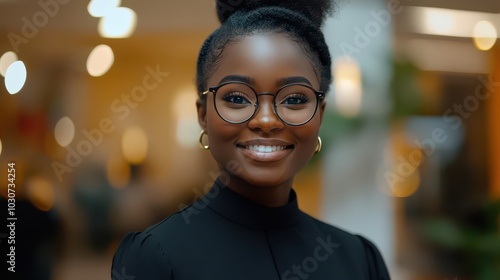 Smiling Woman with Glasses in a Warm Environment