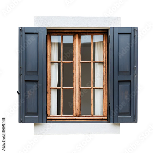 Open Wooden Window with Shutters in White Frame