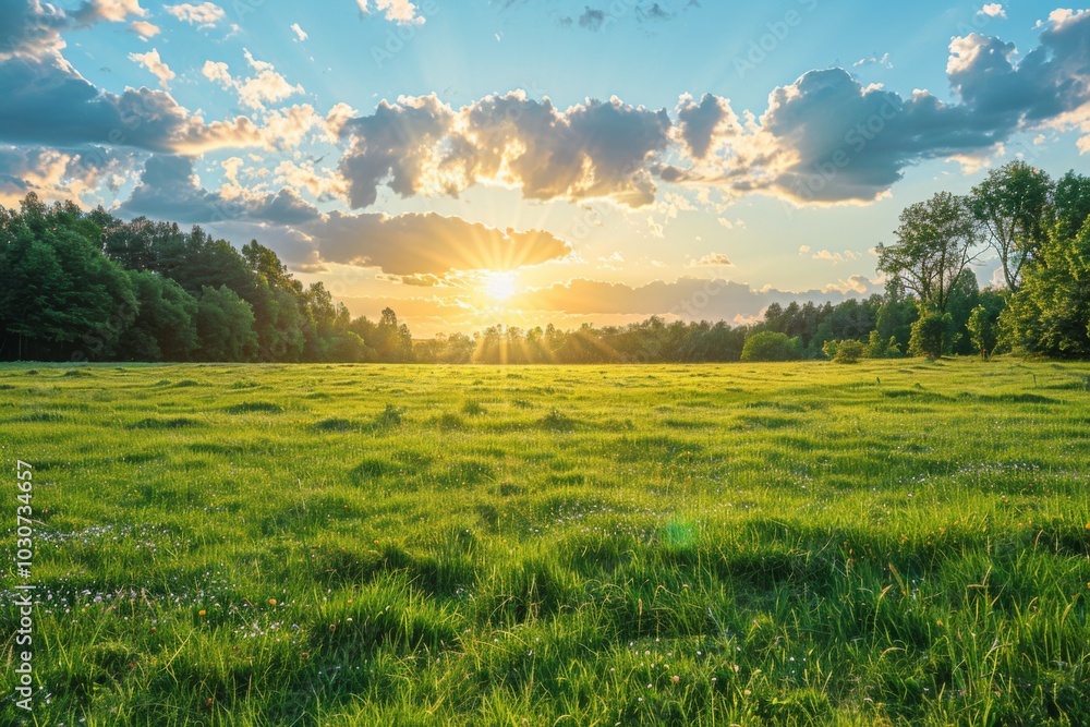 Obraz premium Beautiful grassy field with trees and a blue sky at sunset, featuring green meadow and sun rays.