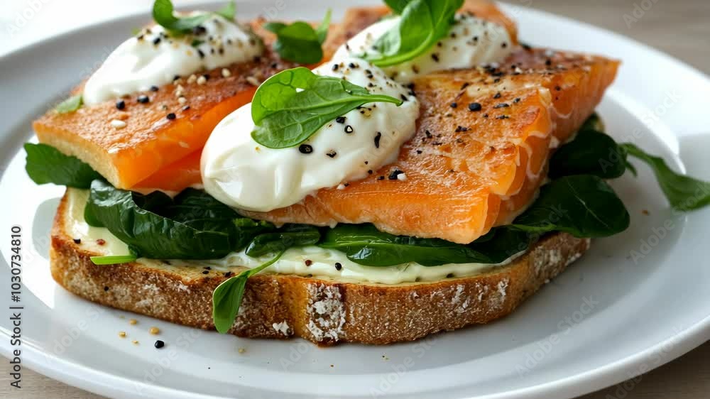 A delicious salmon and spinach sandwich with poached eggs, perfect for a light lunch or brunch A delicious salmon and spinach sandwich with poached eggs, perfect for a light lunch or brunch
