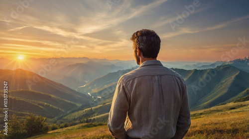 A lone hiker stands triumphantly at the mountain summit, arms raised in victory, as the sunrise paints the sky in vibrant hues of orange and pink.