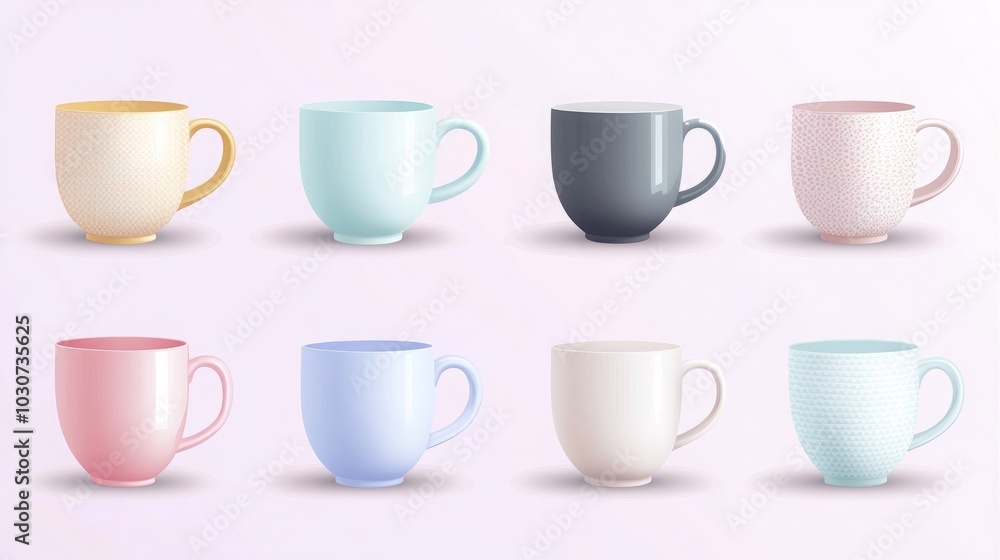 A collection of colorful ceramic mugs arranged in a row. A collection of colorful ceramic mugs arranged in a row.