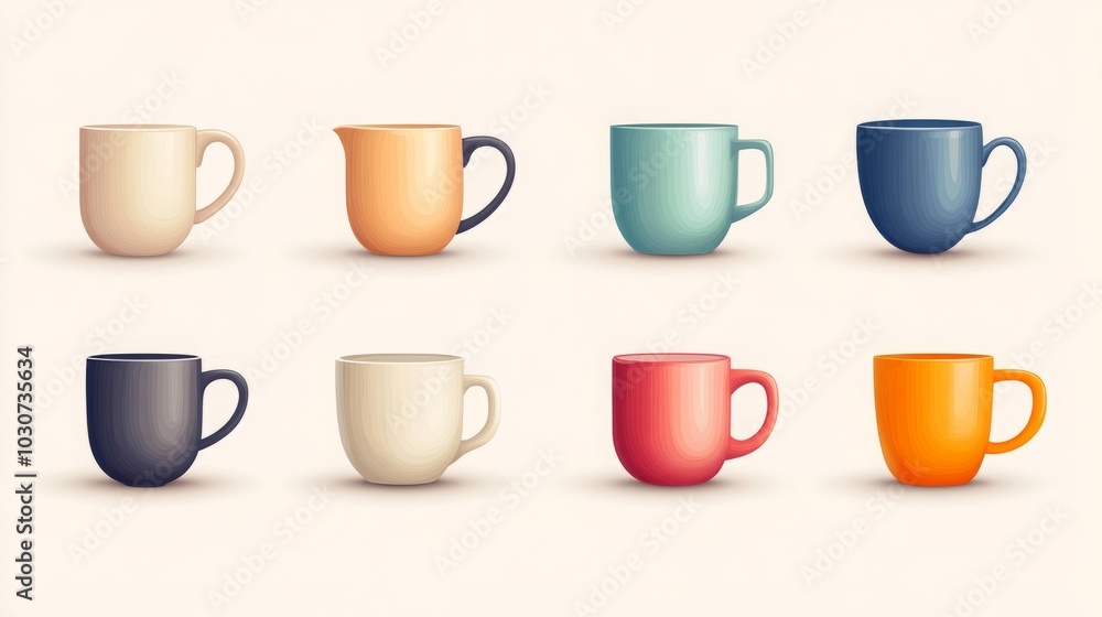 A collection of colorful mugs arranged in a grid pattern. A collection of colorful mugs arranged in a grid pattern.
