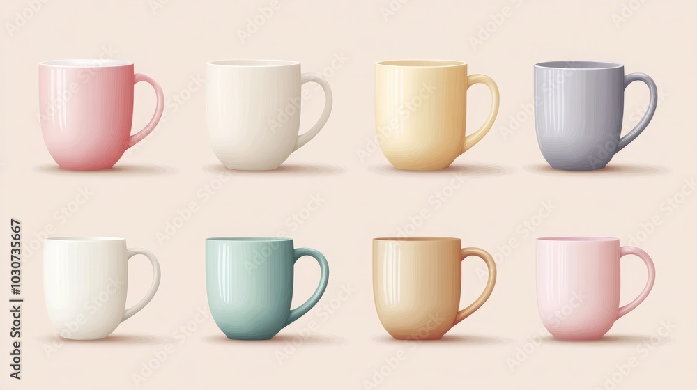 A collection of colorful mugs arranged in two rows. A collection of colorful mugs arranged in two rows.