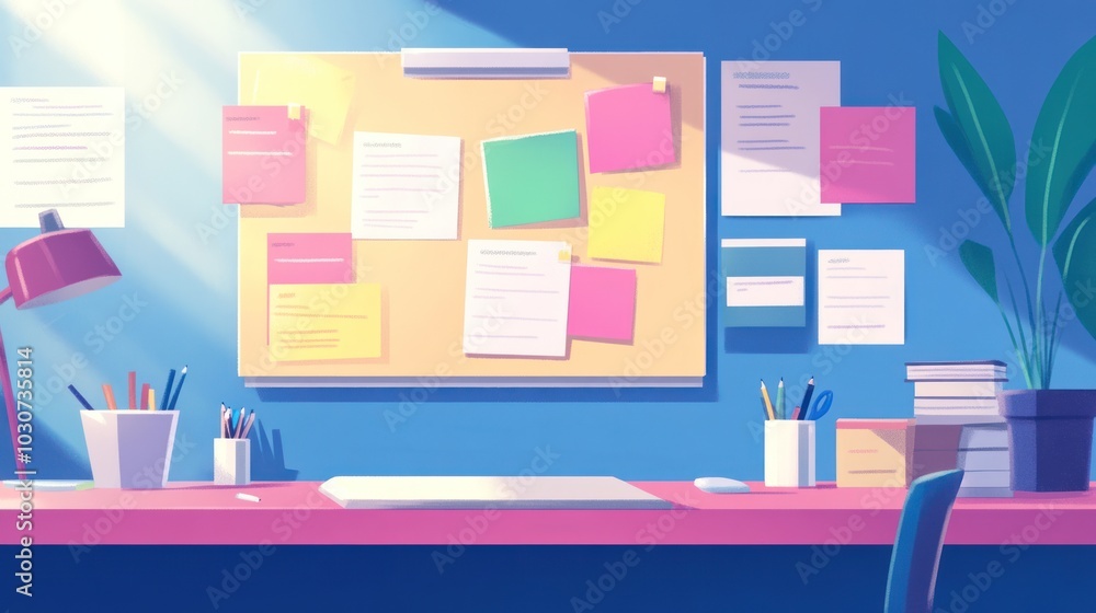 A well-organized workplace with a bulletin board, colorful sticky notes, documents, desk lamp, pens, pencils, and a potted plant, displaying a productive office environment. A well-organized workplace with a bulletin board, colorful sticky notes, documents, desk lamp, pens, pencils, and a potted plant, displaying a productive office environment.