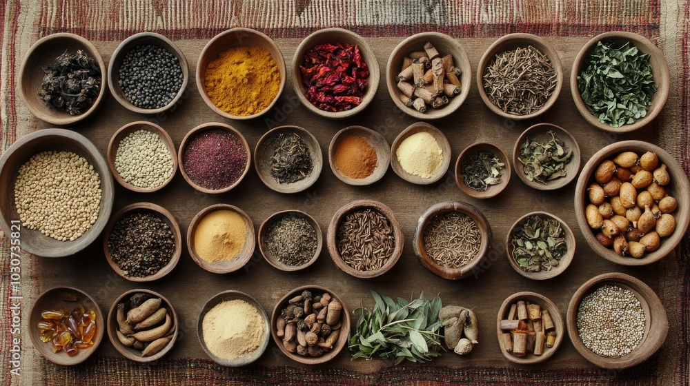 Popular African herbal remedies arranged in a top view with ample room for copy Popular African herbal remedies arranged in a top view with ample room for copy