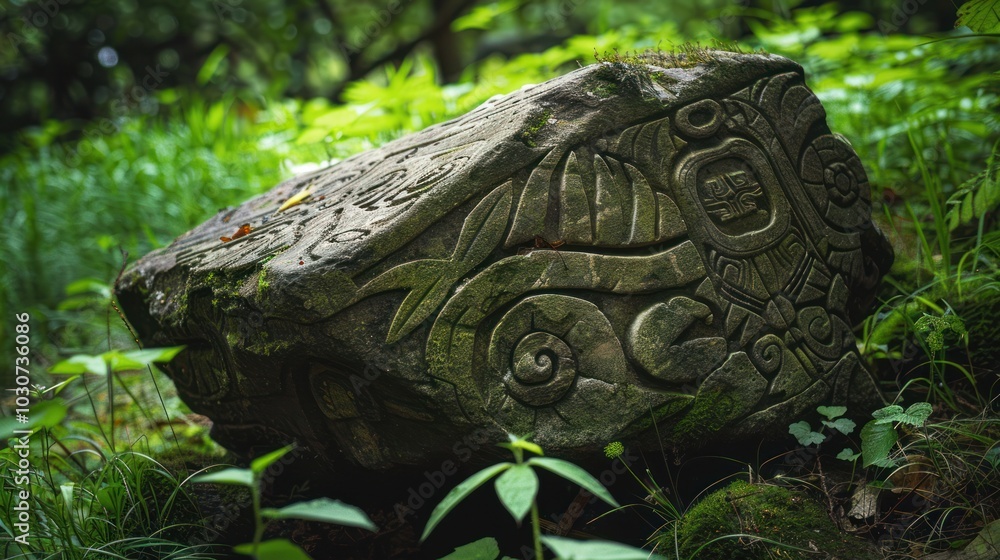 Carved Stone in a Lush Forest Carved Stone in a Lush Forest