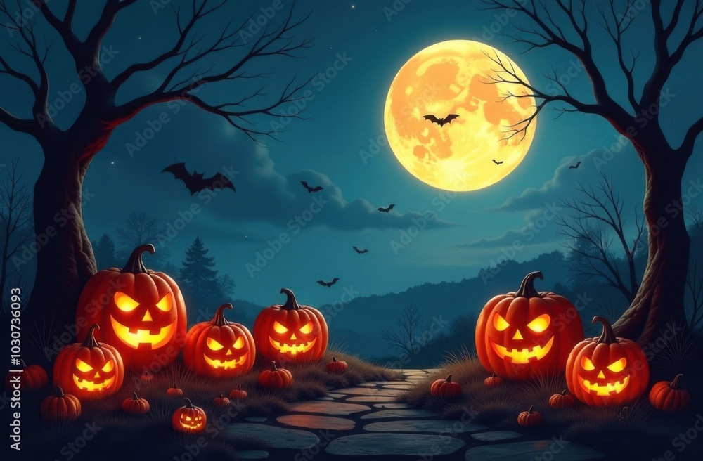 Halloween pumpkins lighting path in spooky forest Halloween pumpkins lighting path in spooky forest