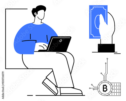 Person seated while using a laptop, with symbols of cryptocurrency Bitcoin and a hand holding a dollar bill. Ideal for technology, finance, digital currency, online transactions, and remote work photo