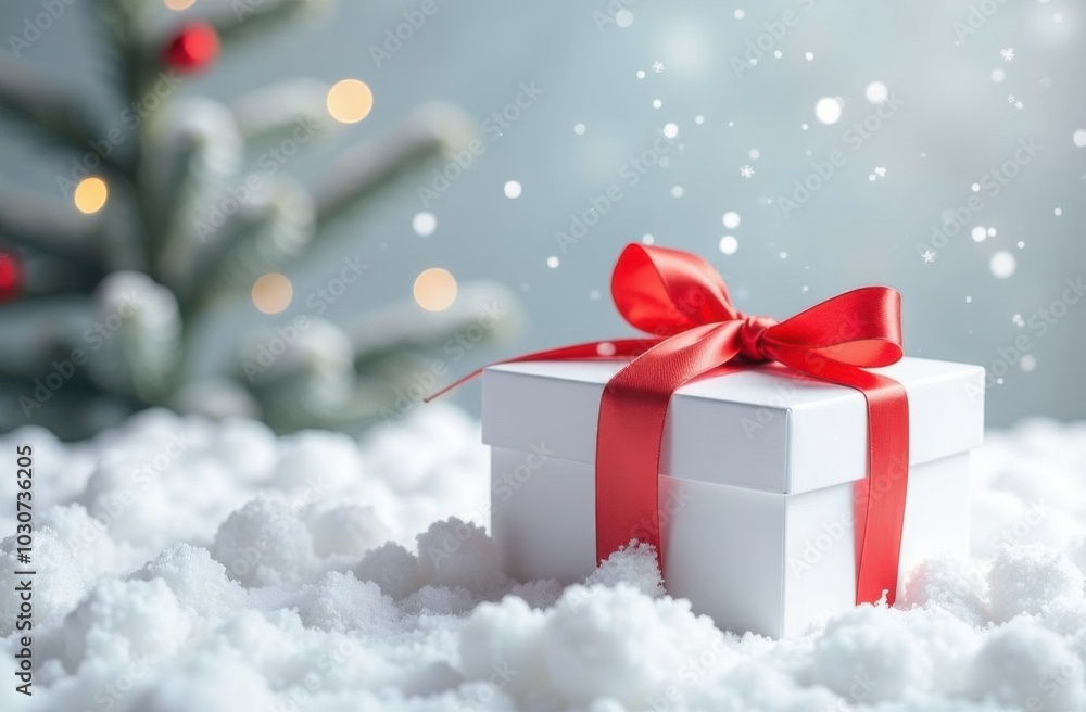 White gift box with red ribbon lying on snow with christmas tree in background White gift box with red ribbon lying on snow with christmas tree in background