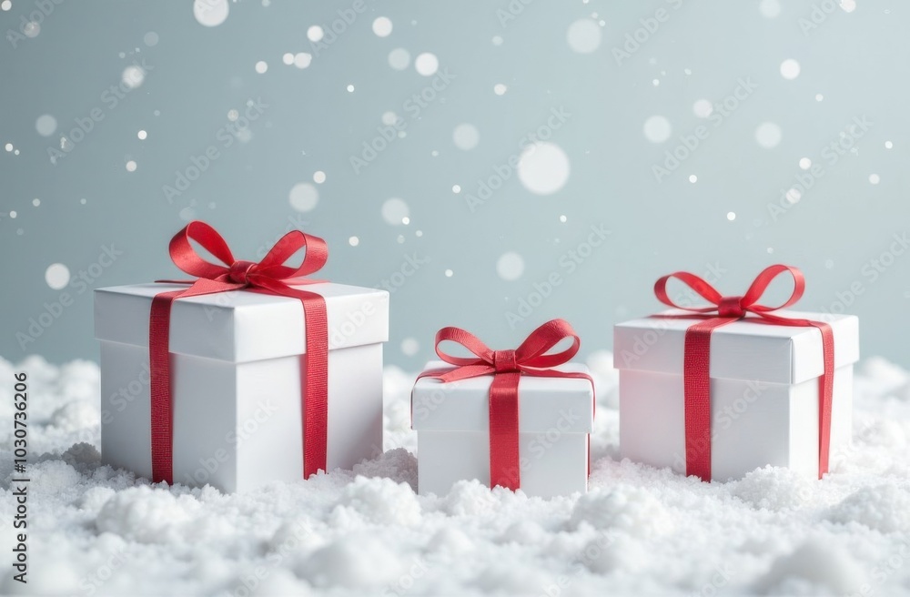 White gift boxes with red ribbon lying on snow with falling snowflakes White gift boxes with red ribbon lying on snow with falling snowflakes