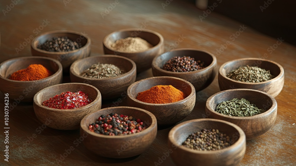 Popular African spices in small bowls arranged with room for text Popular African spices in small bowls arranged with room for text